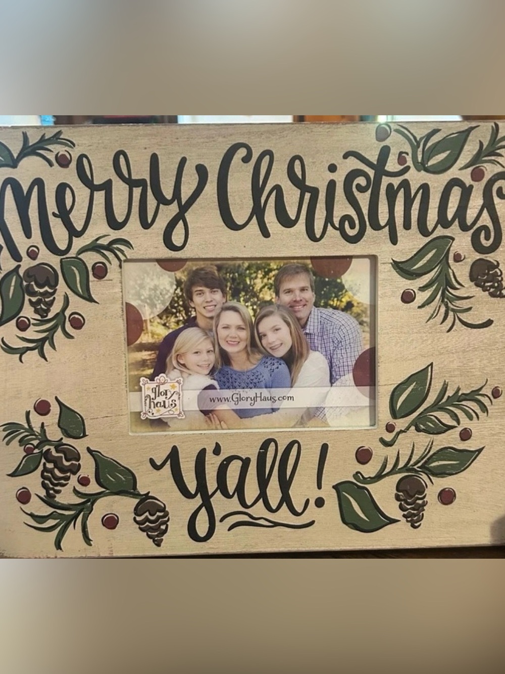 Merry Christmas Y'all! Wood Photo Frame - Green & Red Holiday Decor